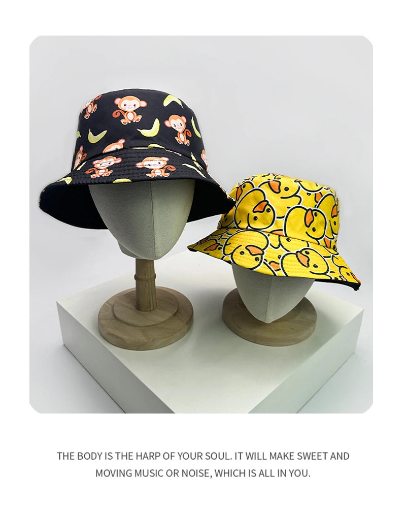 New Unisex Cute Cartoon Animal Print Bucket Hats Sunshade  Versatile Outdoor Fashion Double Sided Wearable Fisherman Caps Travel