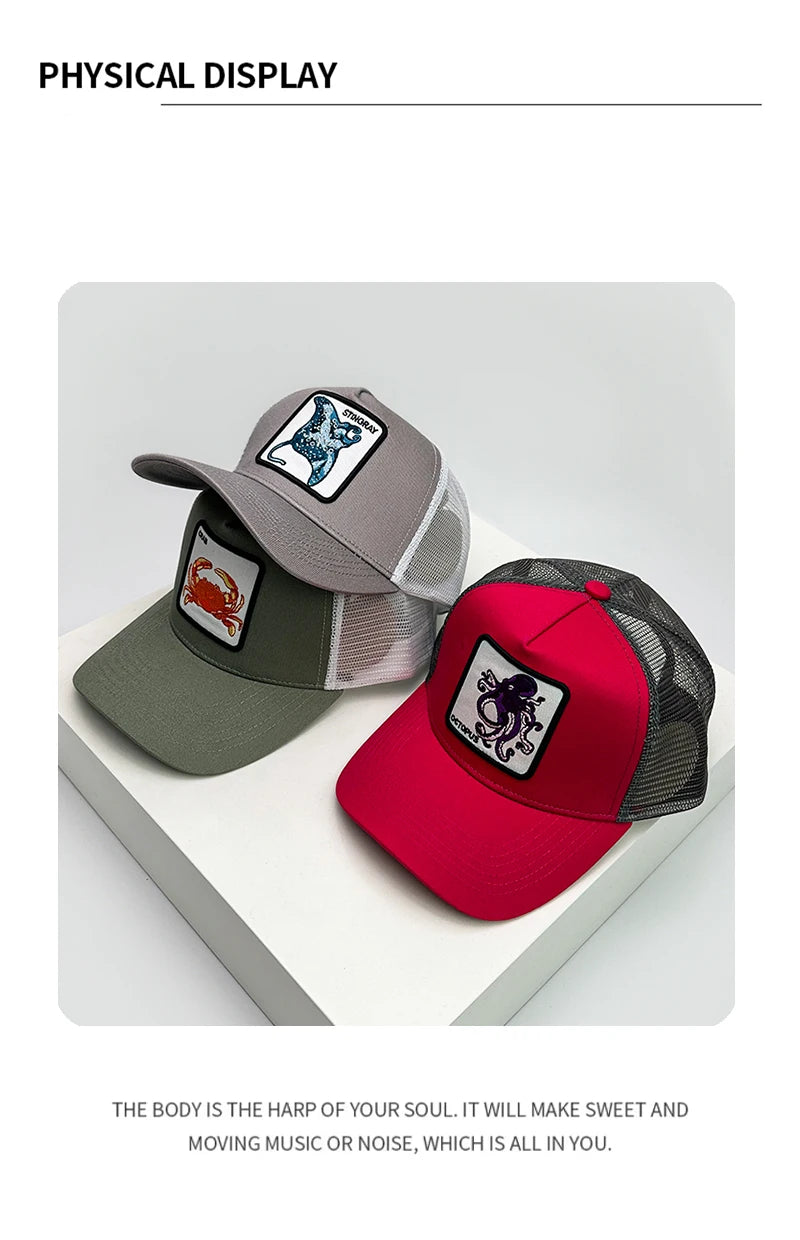 New Men Women Color Block Embroidery Cartoon Marine Animals Baseball Hats Personal Breathable Trucker Cap Mesh Hip Hop Versatile