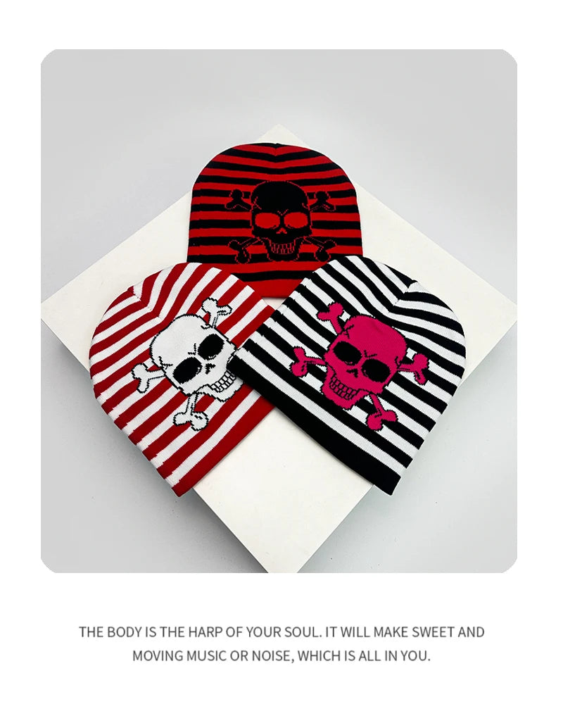 Autumn and Winter Skull Stripe Hip Hop Wool Bucket Knitted Hats Color Block Warm Comfortable Versatile Personal Fashion Street