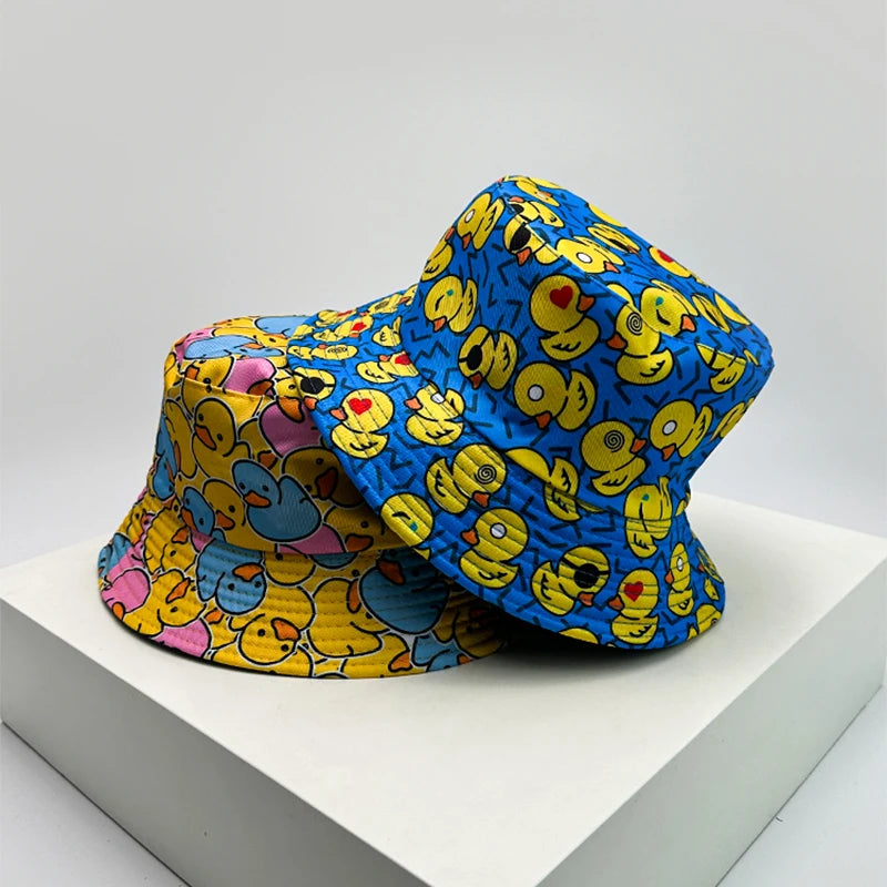 New Unisex Print Yellow Duck Bucket Hats Sunshade Double Sided Wearable Fashion Cute Casual Fisherman Caps Versatile Cartoon ins