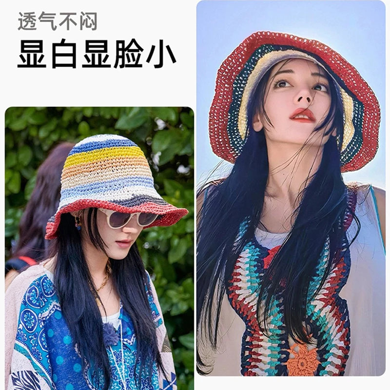 New Women Contrasting Colors Striped Bucket Hats Outdoor Sunshade Travel Breathable Casual Versatile Straw Caps Fashion Braided