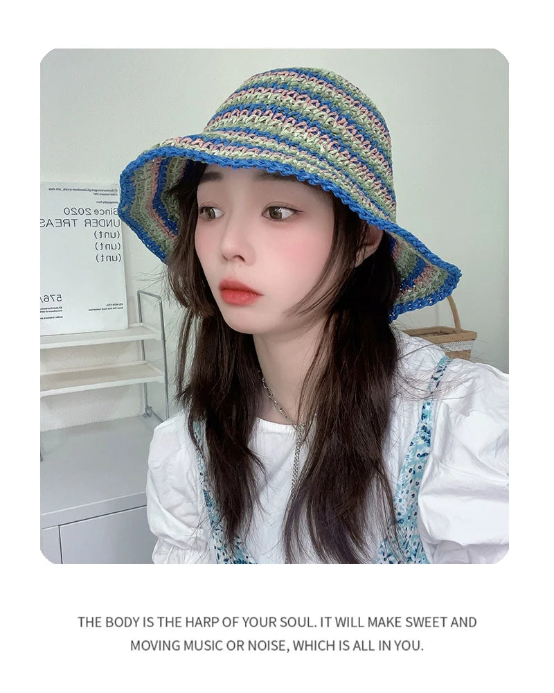 New Women Bohemian Striped Bucket Hats Sunshade Outdoor Breathable Travel Versatile Beach Straw Caps Fashion Personal Niche ins