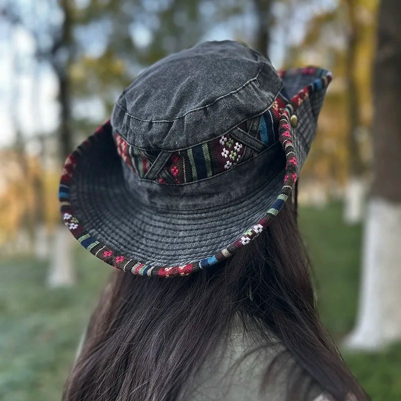 New Unisex Retro Travel Drawstring Bucket Hats Sunshade Outdoor Breathable Ethnic Style Versatile Alpine Caps Casual Fashion ins