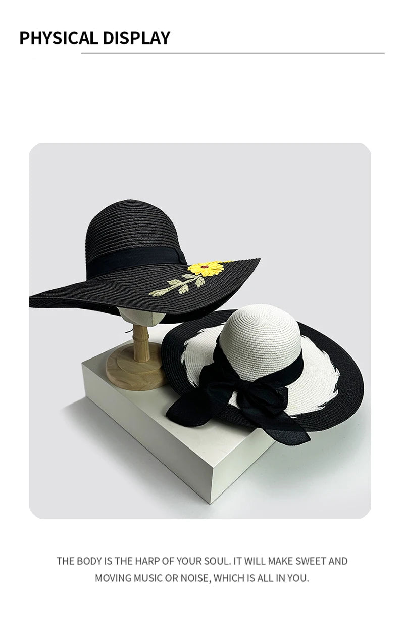 New Women Chrysanthemum Bow Cowboy Hats Beach Outdoor Jazz Sunshade Foldable Travel Straw Caps Versatile Color Block Elegant ins