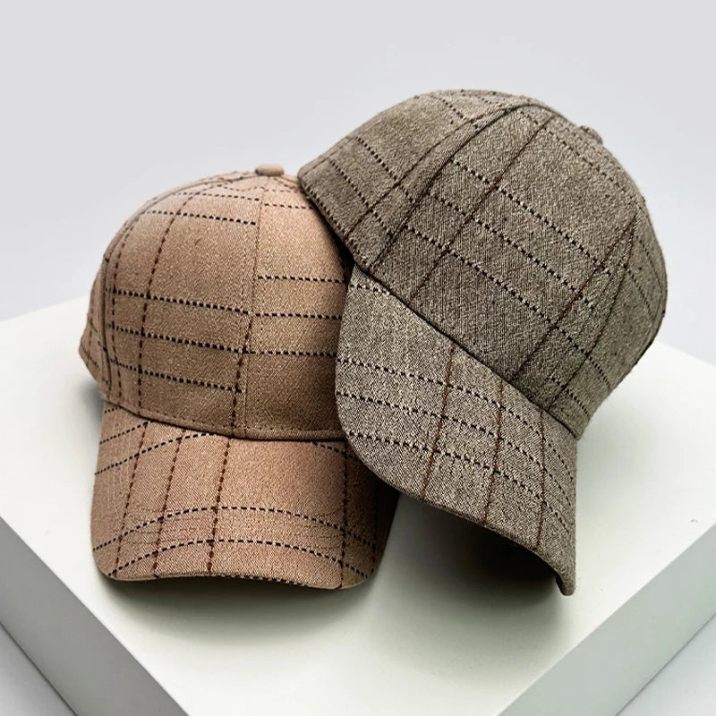 Autumn and Winter Men Women New Versatile Stripe British Style Baseball Caps Check Fashion Cotton Warm Soft Houndstooth Retro