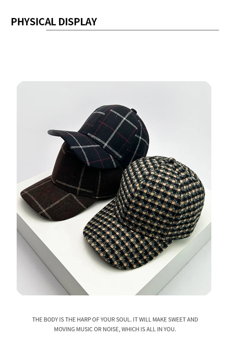 Autumn and Winter New Men Women Versatile Color Block Woolen Cloth Baseball Caps Cotton Fashion Casual  British Style Check Warm