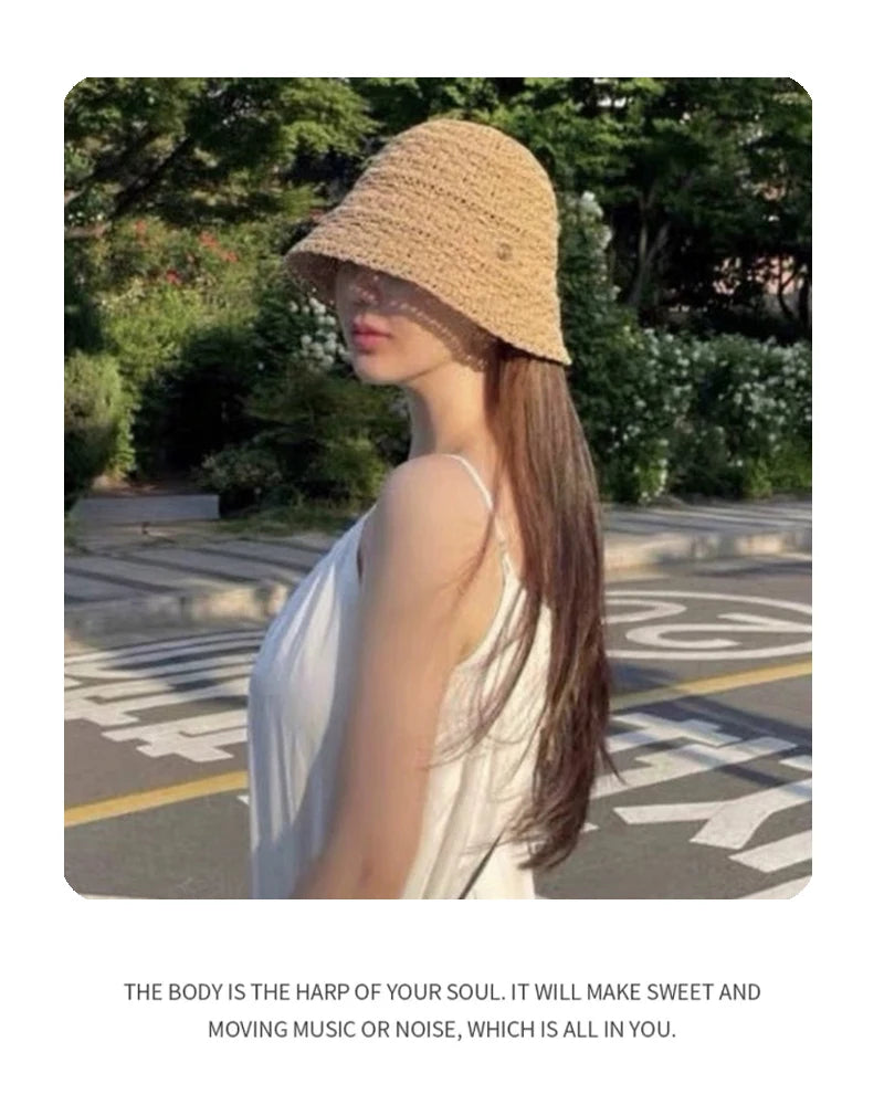 New Women Korean Braid Vent Letter Bucket Hats Hollow Out Sunshade Versatile Casual Breathable Fisherman Caps Fashion Outdoor