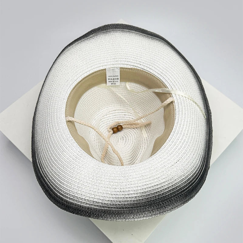 New Unisex Jazz Gradient Beach Cowboy Hats Windproof Rope Outdoor Climb Sunshade Travel Foldable Straw Caps Versatile Bandhnu