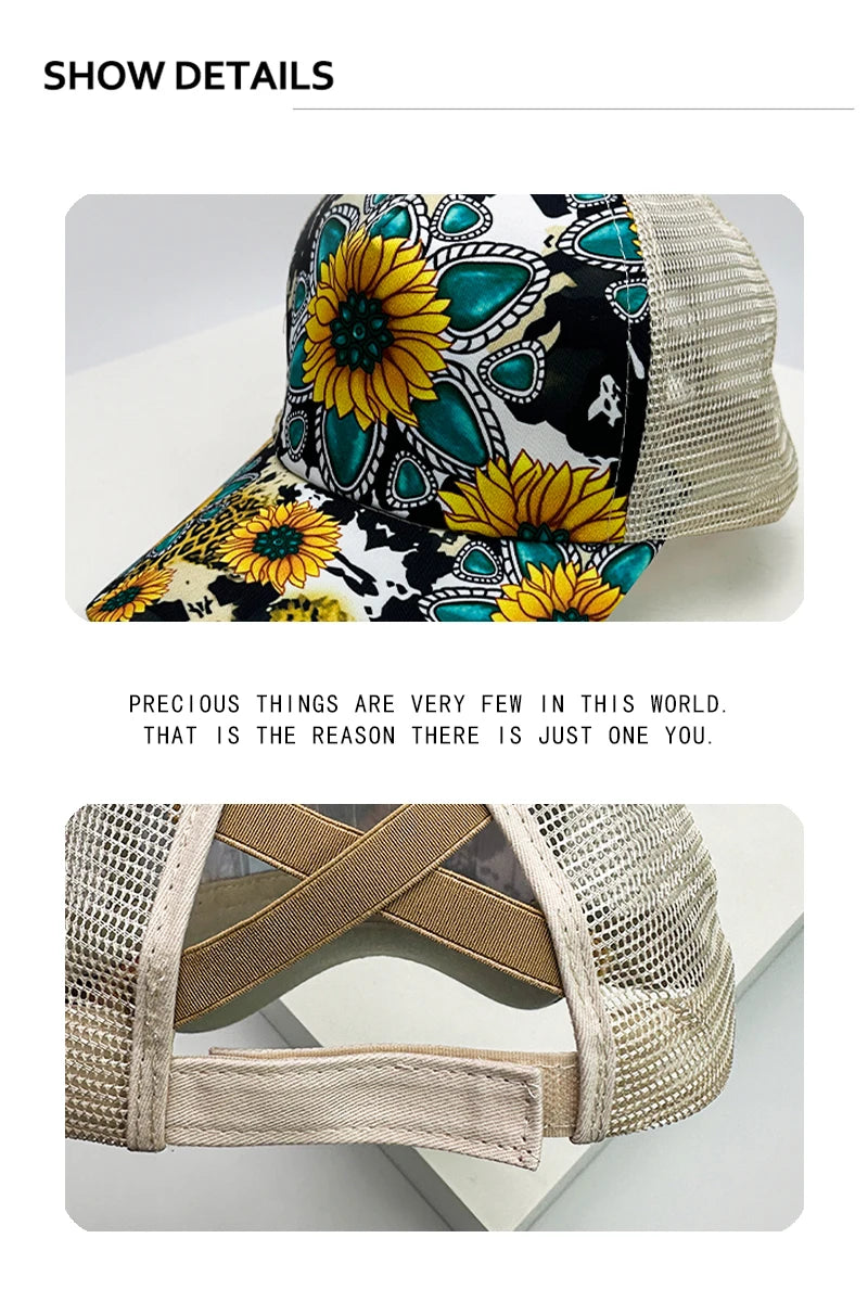 New Women Print Sunflower Color Block Baseball Hats Breathable Criss Cross Ponytail Sunshade Versatile Trucker caps Mesh Fashion