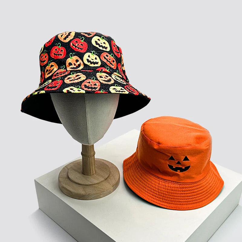 New Unisex Halloween Elements Graffiti Pumpkin Bucket Hats Sunshade Double Sided Wearable Versatile Fisherman Caps Fashion Funny