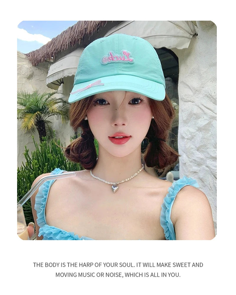 New Women Dopamine Color Bow Quick Drying Baseball Hats Sweet Breathable Casual Sunshade Outdoor Peaked Caps Versatile Fashion