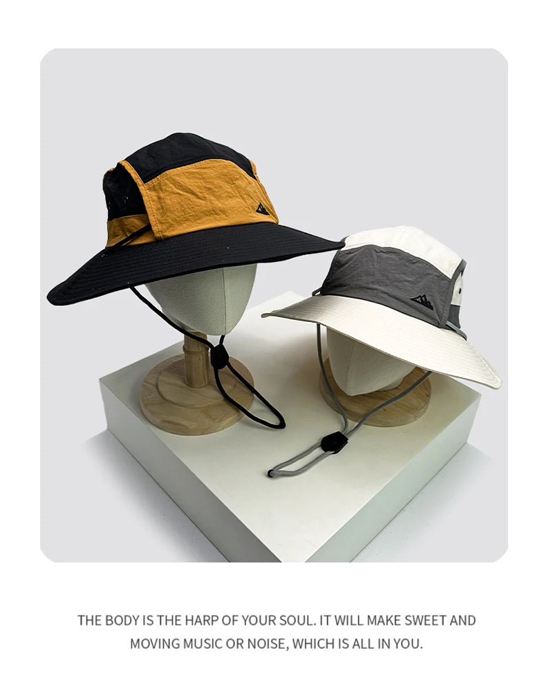 New Unisex Quick Drying Retro Bucket Hats Color Block Sunshade Outdoor Breathable Drawstring Casual Alpine Cap Versatile Fashion