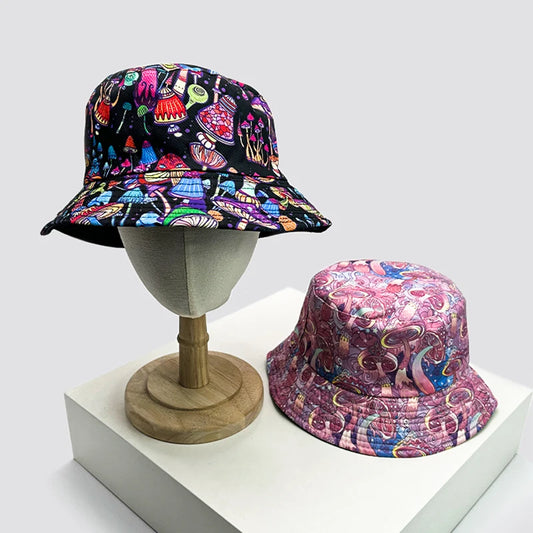 New Unisex Graffiti Colored Mushrooms Bucket Hats Double Sided Wearable Sunshade Personal Versatile Fisherman Caps Fashion Retro