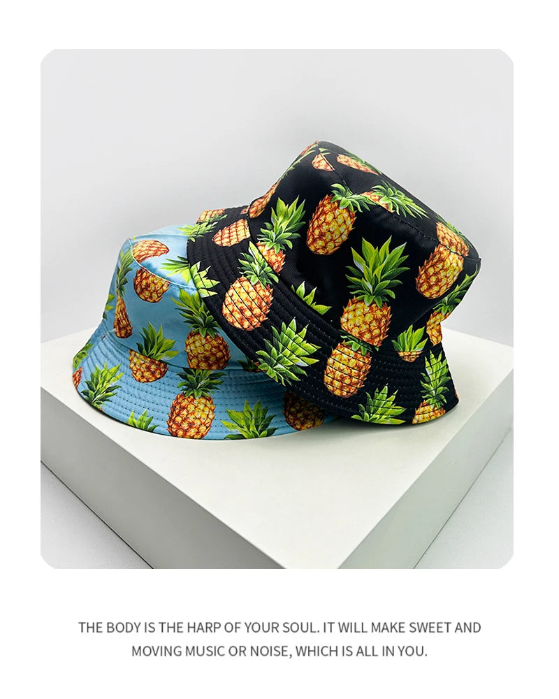 New Unisex Fruits Vegetables Print Bucket Hats Sunshade Versatile European American Fashion Double Sided Wearable Fisherman Caps