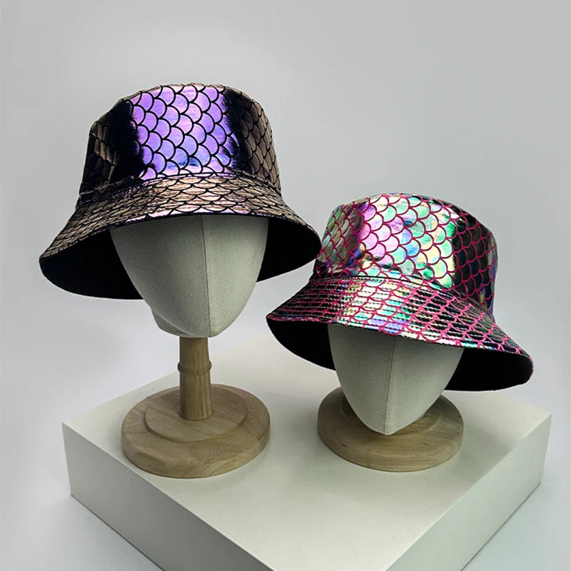 New Unisex Shiny PU Leather Colorful Bucket Hats Double Sided Sunshade Reflective Breathable Fisherman Caps Versatile Fashion