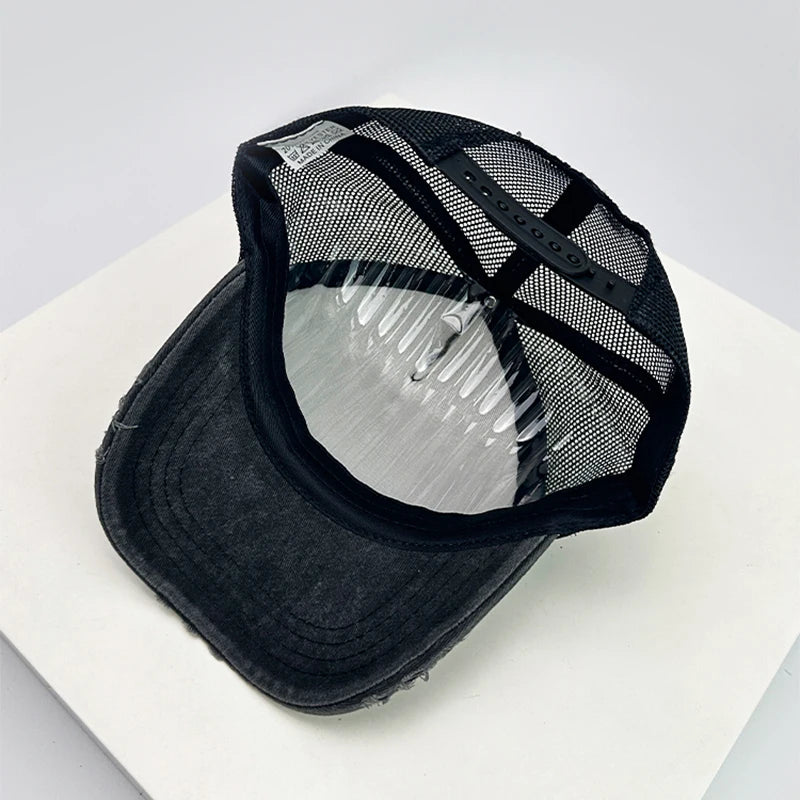 New Unisex Color Block Broken Style Baseball Hats Distress Breathable Mesh Sunshade Retro Trucker Caps Versatile Simple Fashion