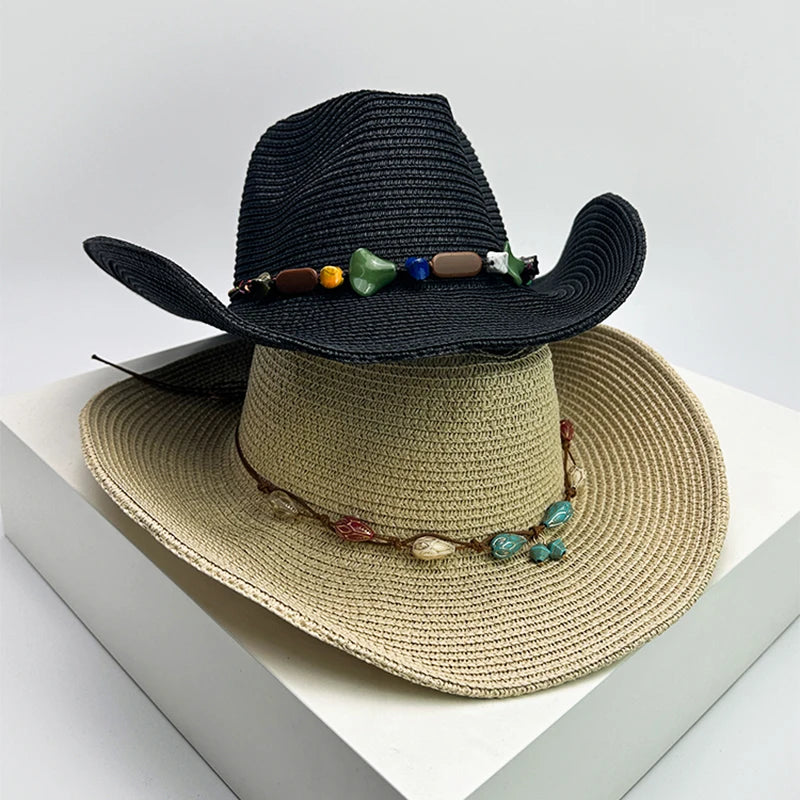 New Unisex Wide Eave Jazz Cowboy Hats Travel Sunshade British Style Versatile Casual Outdoor Straw Wove Cap Climb Foldable Beach