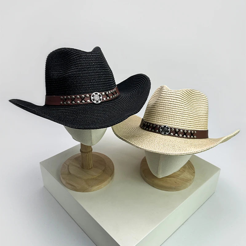 New Unisex Rivet Belt Personal Cowboy Hats Beach Outdoor Travel Sunshade Foldable Straw Caps Versatile British Retro Climb ins