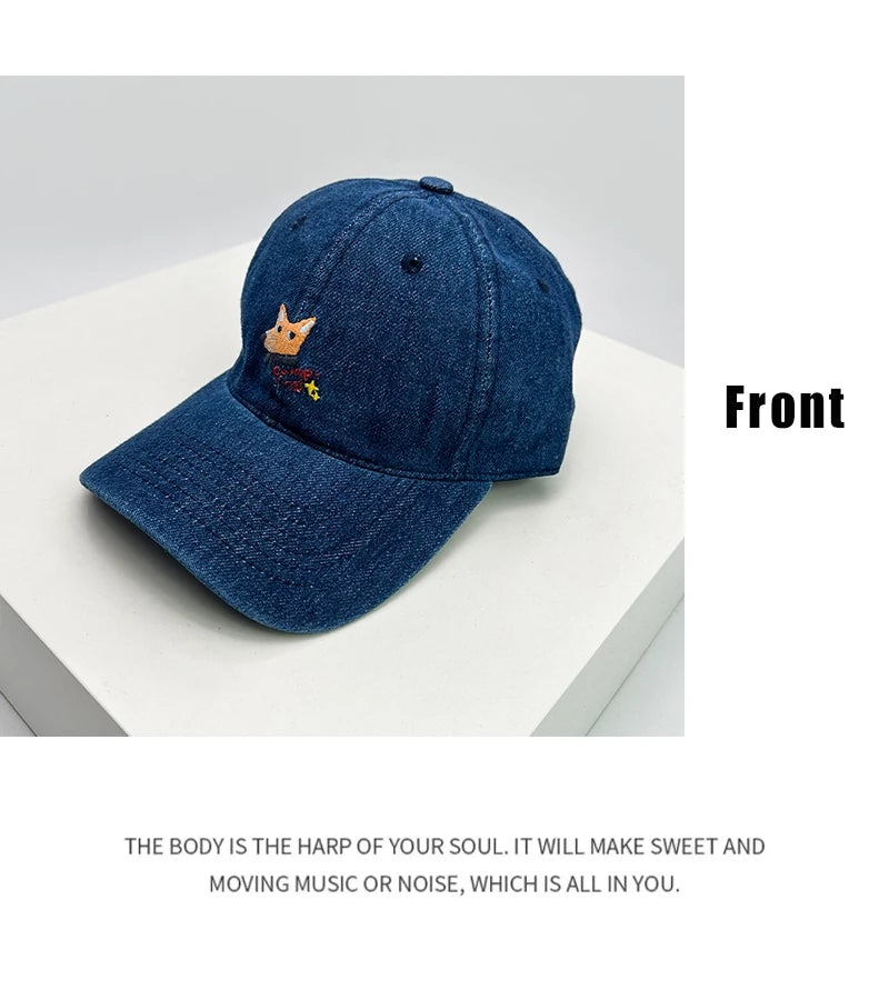 New Men Woman Denim Fun Cartoon Fox Embroidery Baseball Hats Sunshade Breathable Cute Snapback Caps Versatile Fashion Retro ins