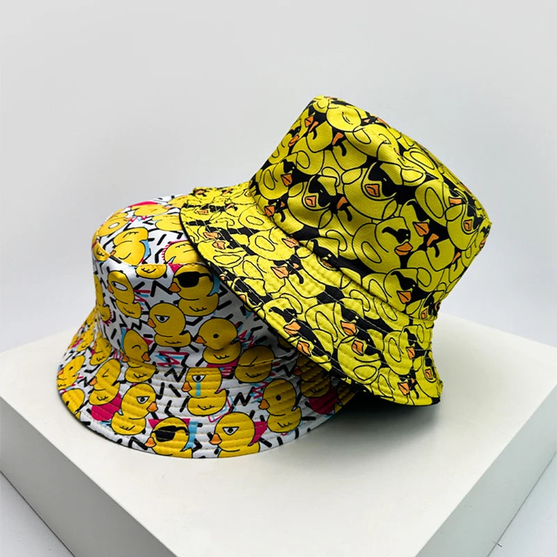 New Unisex Print Yellow Duck Bucket Hats Sunshade Double Sided Wearable Fashion Cute Casual Fisherman Caps Versatile Cartoon ins