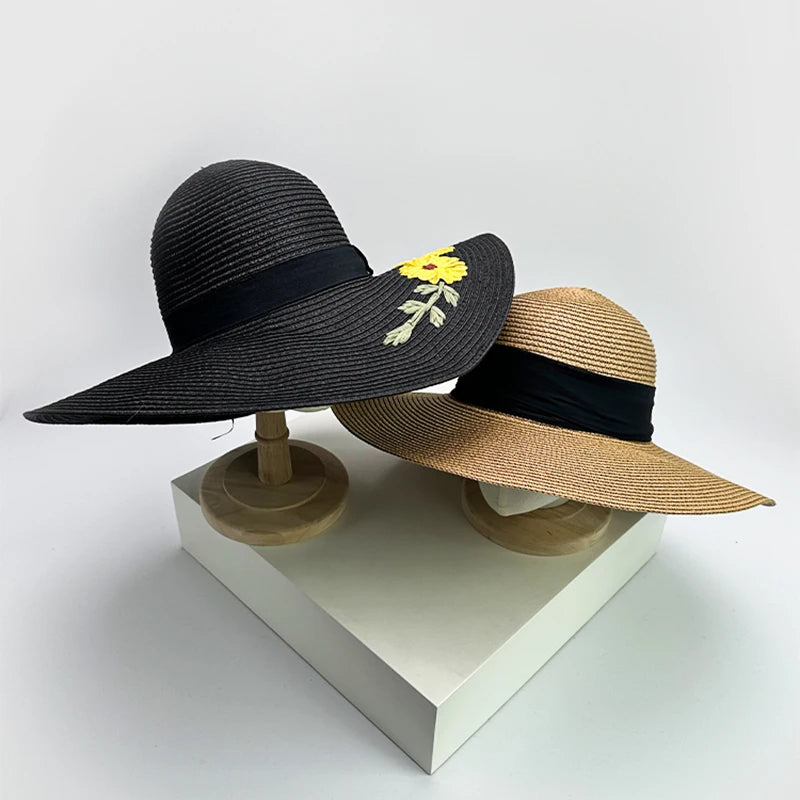 New Women Chrysanthemum Bow Cowboy Hats Beach Outdoor Jazz Sunshade Foldable Travel Straw Caps Versatile Color Block Elegant ins