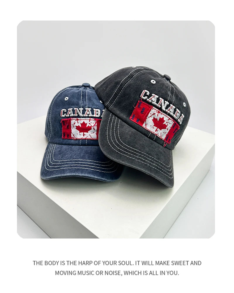 New Unisex Canadian Flag Letter Embroidery Baseball Hats Breathable Retro Sunshade Distress Peaked Caps Versatile Fashion Casual