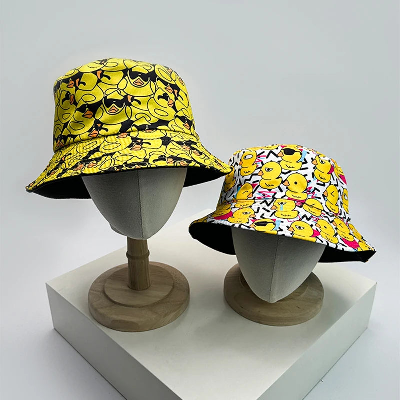 New Unisex Print Yellow Duck Bucket Hats Sunshade Double Sided Wearable Fashion Cute Casual Fisherman Caps Versatile Cartoon ins