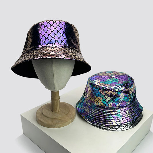 New Unisex Shiny PU Leather Colorful Bucket Hats Double Sided Sunshade Reflective Breathable Fisherman Caps Versatile Fashion