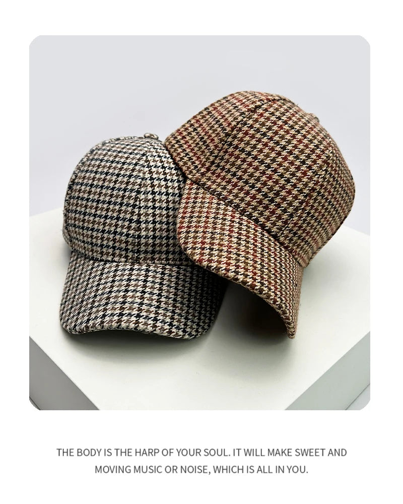 Autumn and Winter New Men Women Warm Woolen Cloth Stripe Check Baseball Caps Versatile Fashion British Style Retro Houndstooth