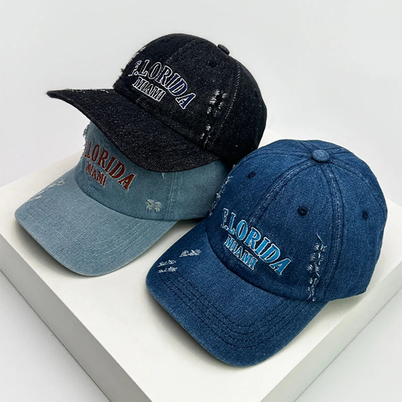 New Men Woman Broken Style Letter Embroidery Baseball Hats Casual Sunshade Breathable Denim Snapback Cap Versatile Fashion Retro