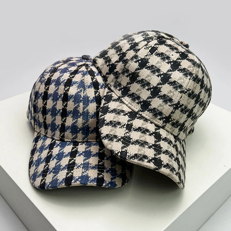 Autumn and Winter Men Women New Versatile Stripe British Style Baseball Caps Check Fashion Cotton Warm Soft Houndstooth Retro