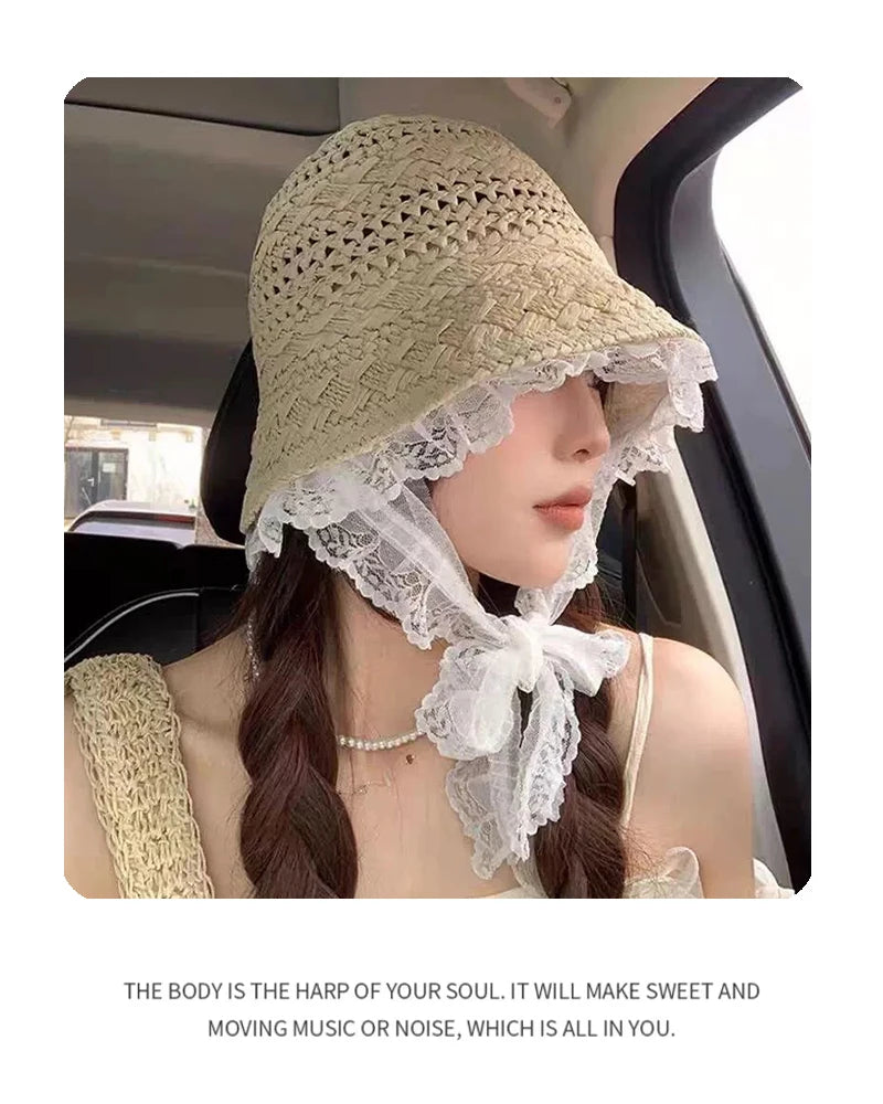 New Women French Lace Hollow Out Bucket Hats Sunshade Beach Breathable Outdoor Versatile Travel Fisherman Caps Fashion Elegant