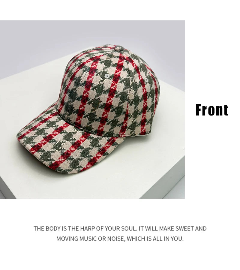 Autumn and Winter Men Women New Versatile Stripe British Style Baseball Caps Check Fashion Cotton Warm Soft Houndstooth Retro