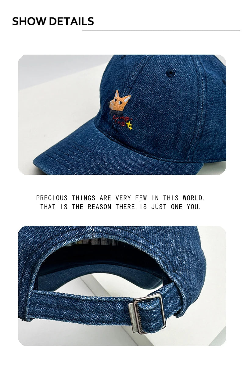 New Men Woman Denim Fun Cartoon Fox Embroidery Baseball Hats Sunshade Breathable Cute Snapback Caps Versatile Fashion Retro ins