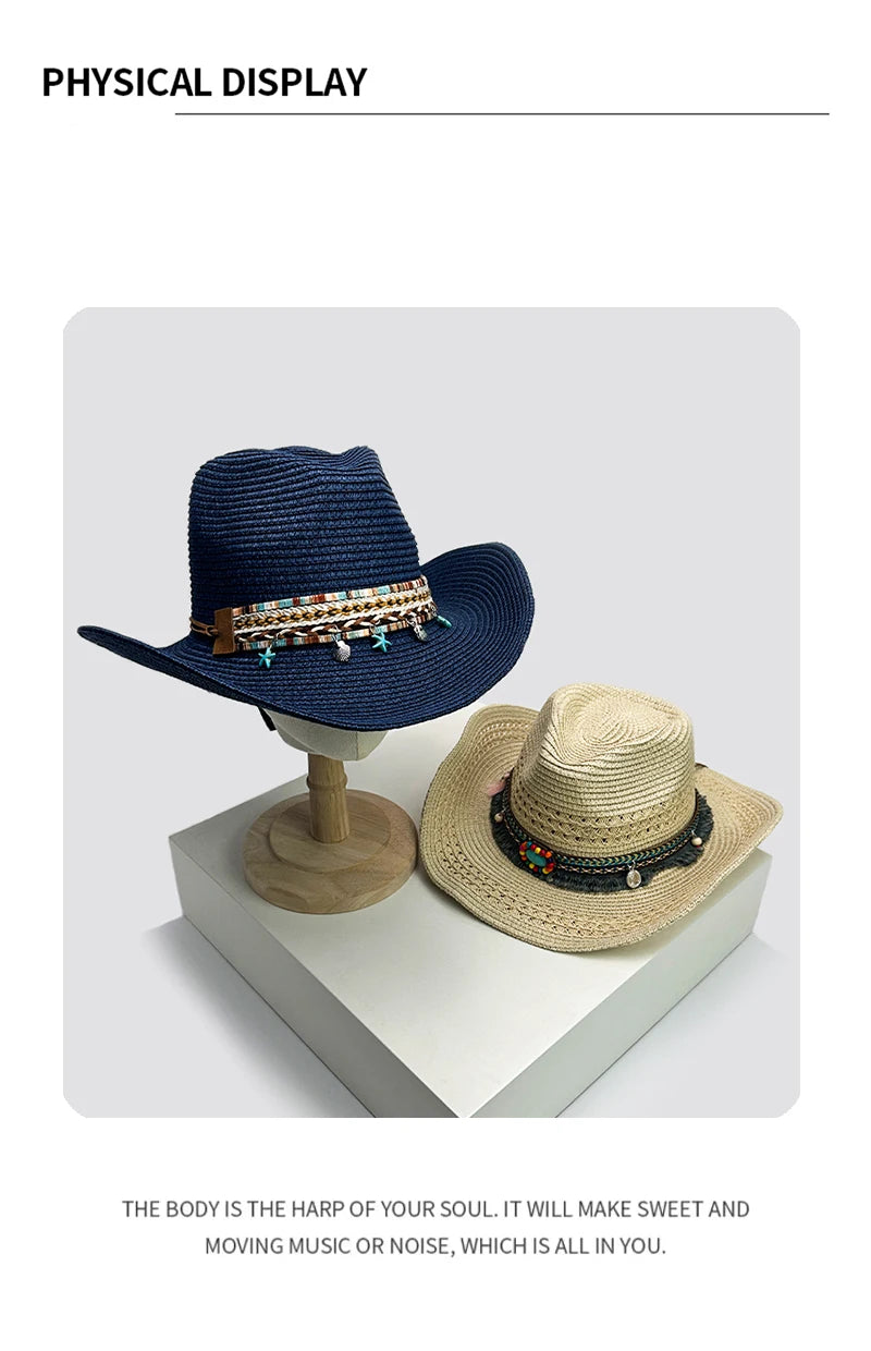 New Unisex Bohemian Style Beach Cowboy Hats Travel Personal Sunshade Distress Outdoor Ethnic Style Straw Caps Versatile Foldable