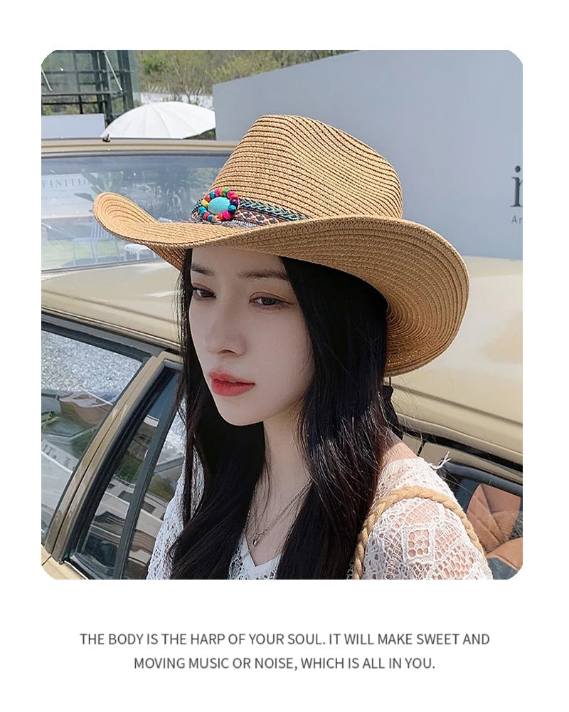 New Unisex Bohemian Style Beach Cowboy Hats Travel Personal Sunshade Distress Outdoor Ethnic Style Straw Caps Versatile Foldable