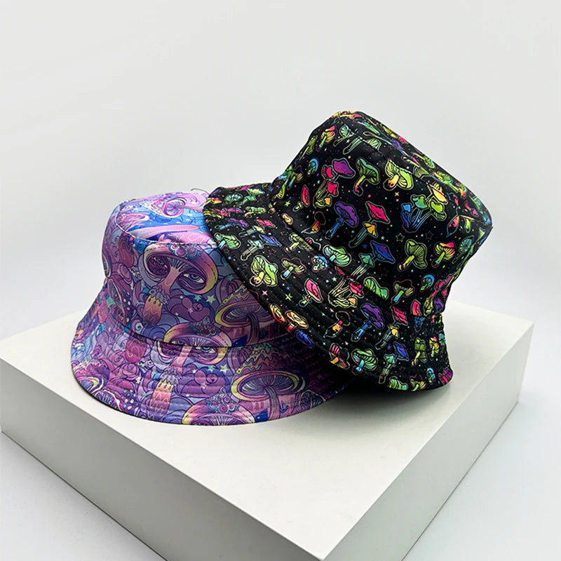 New Unisex Graffiti Colored Mushrooms Bucket Hats Double Sided Wearable Sunshade Personal Versatile Fisherman Caps Fashion Retro