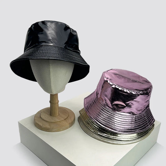 New Unisex Patent Leather Simple Bucket Hats Sunshade Outdoor Breathable Double Sided Fisherman Caps Personal Versatile Fashion