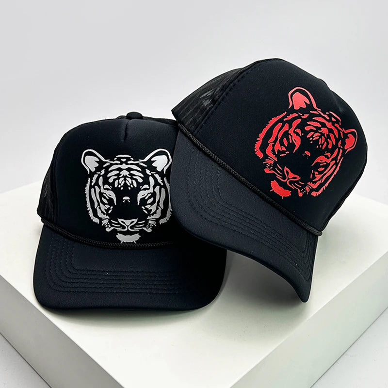 New Fashion Men Women Printed Letter Tiger Baseball Caps Breathable Sunshade Versatile Half Mesh Hats Hip Hop Cartoon Trend ins