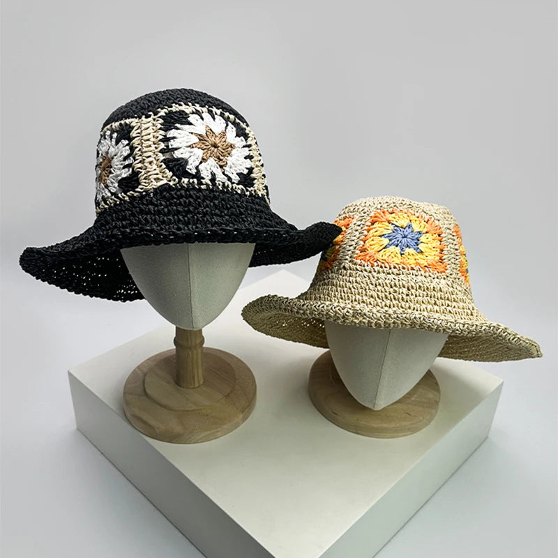 New Women Korean Flower Niche Bucket Hats Sunshade Outdoor Breathable Casual Versatile Beach Straw Caps Fashion Bohemian ins