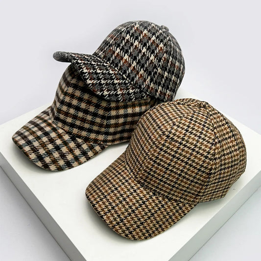 Autumn and Winter New Men Women Warm Woolen Cloth Stripe Check Baseball Caps Versatile Fashion British Style Retro Houndstooth