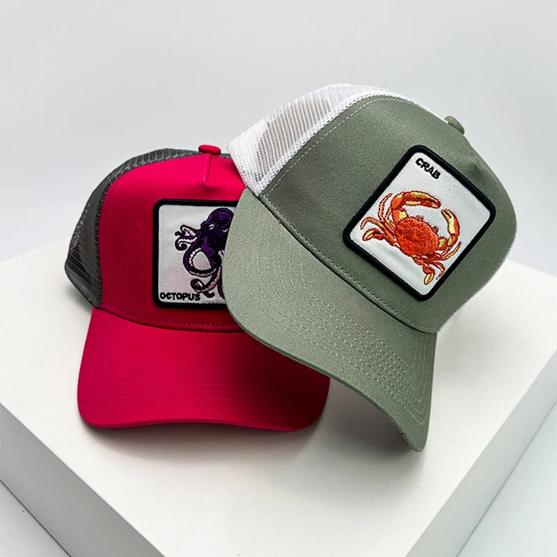 New Men Women Color Block Embroidery Cartoon Marine Animals Baseball Hats Personal Breathable Trucker Cap Mesh Hip Hop Versatile