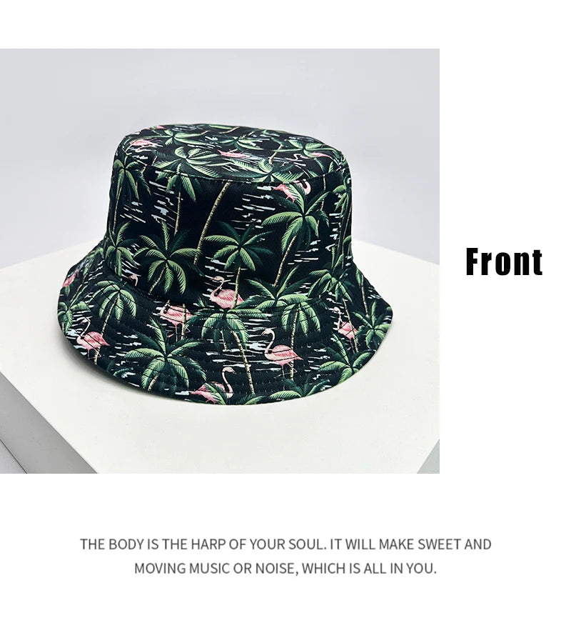 New Unisex Print Coconut Tree Flamingo Bucket Hats Sunshade Casual Versatile Travel Double Sided Wearable Fisherman Caps Fashion