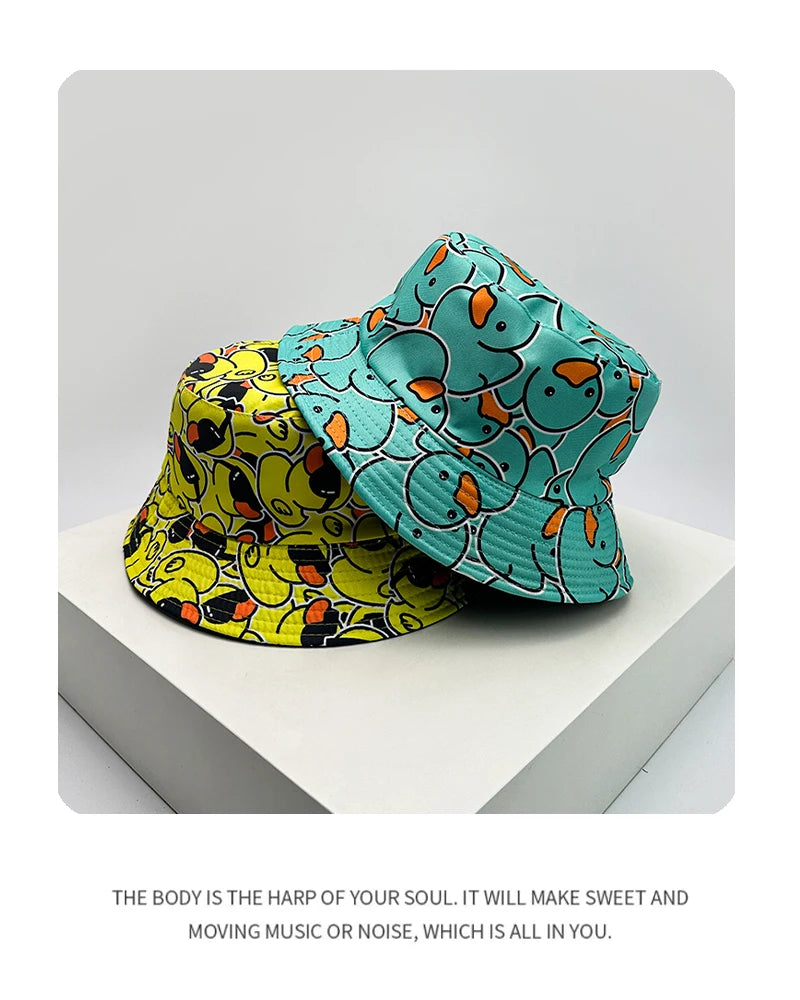 New Unisex Print Yellow Duck Bucket Hats Sunshade Double Sided Wearable Fashion Cute Casual Fisherman Caps Versatile Cartoon ins