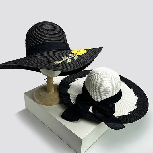 New Women Chrysanthemum Bow Cowboy Hats Beach Outdoor Jazz Sunshade Foldable Travel Straw Caps Versatile Color Block Elegant ins