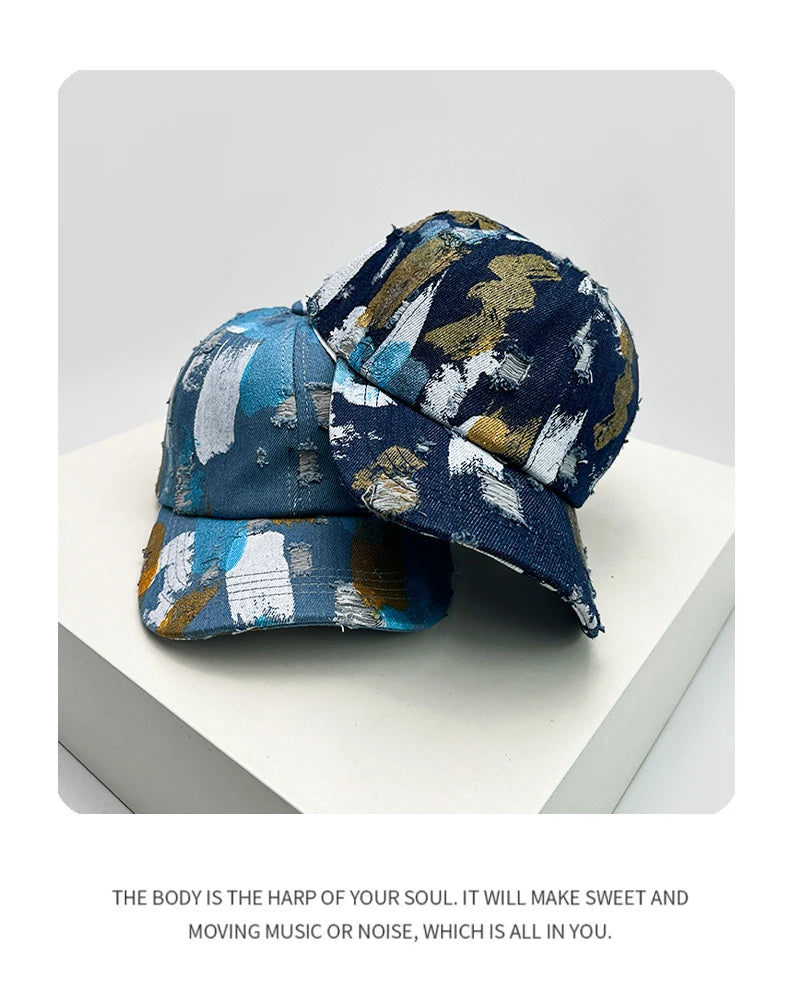 New Unisex Graffiti Color Block Baseball Hats Breathable Distress Sunshade Broken Style Peaked Caps Versatile Fashion Street ins