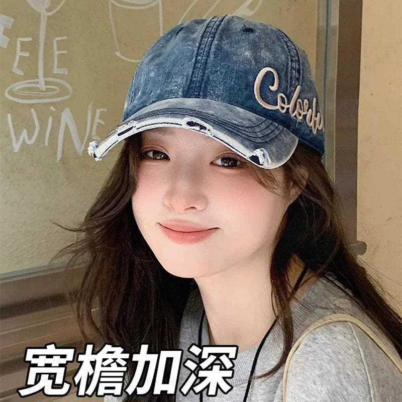 New Unisex Retro Letter embroidery Baseball Hats Personal Breathable Broken Style Sunshade Peaked Caps Versatile Fashion Korean