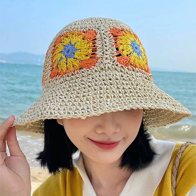 New Women Korean Flower Niche Bucket Hats Sunshade Outdoor Breathable Casual Versatile Beach Straw Caps Fashion Bohemian ins