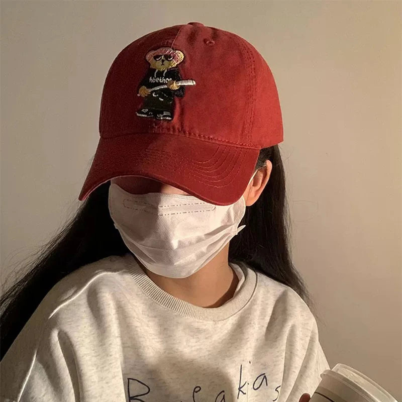 New Unisex Cartoon Cool Bear Embroidery Baseball Hats Breathable Interesting Sunshade Casual Peaked Caps Versatile Fashion Retro