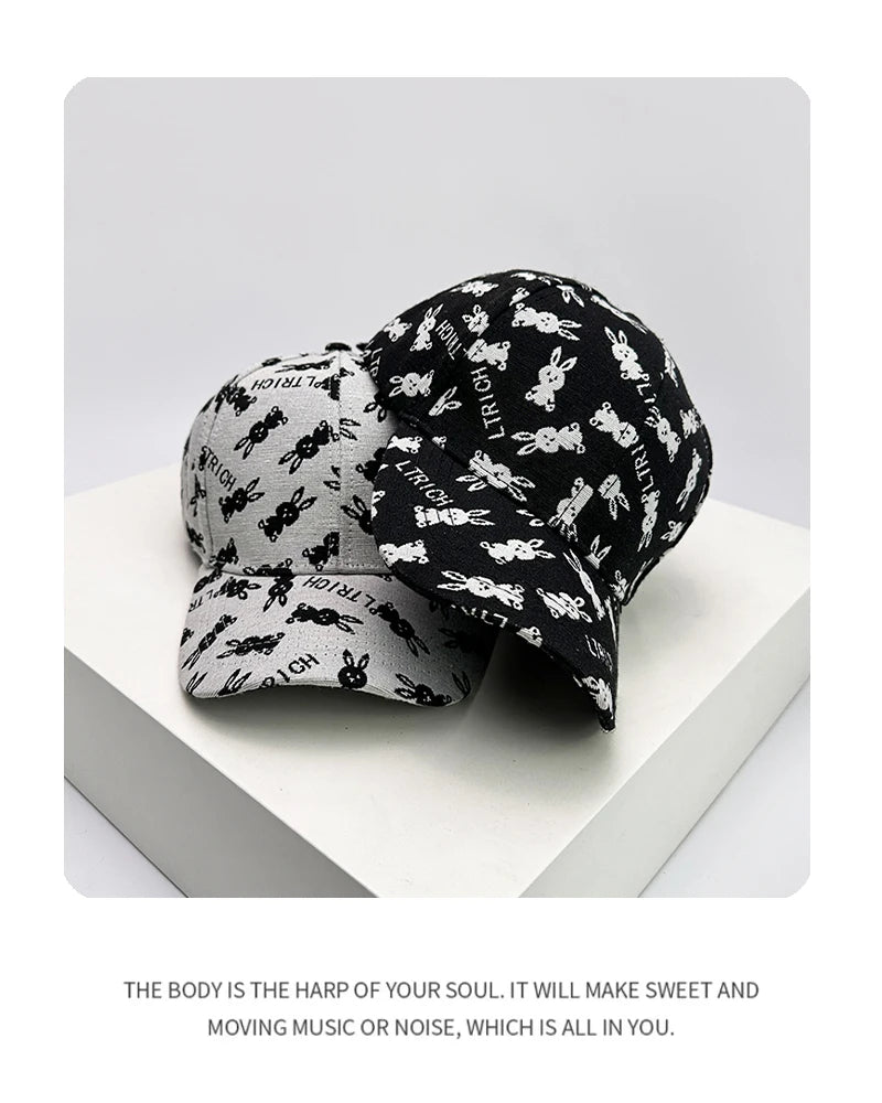 New Unisex Cute Rabbit Print Letter Baseball Hats Breathable British Retro Sunshade Outdoor Peaked Caps Versatile Fashion Casual